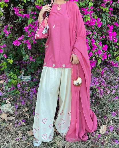 Pink Heart Embroidered 3pc