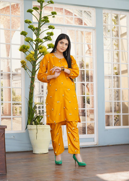 Petal Embroidered 2pcs - Mustard